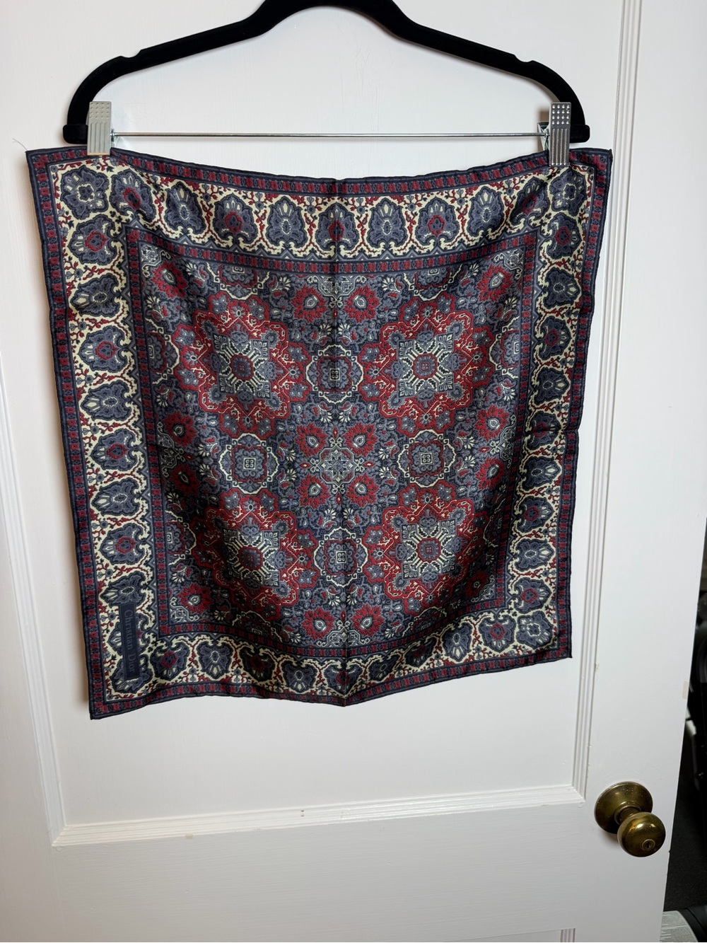 Christian Dior Silk Satin Square Scarf Blue/Red/Cream Paisley 100% Silk